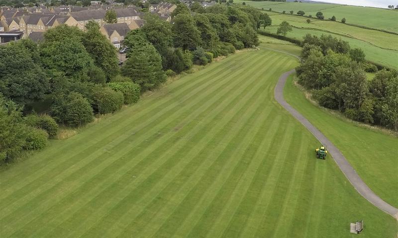 drone shot of lawn stripes at a large playing field in Sheffield, South Yorkshire