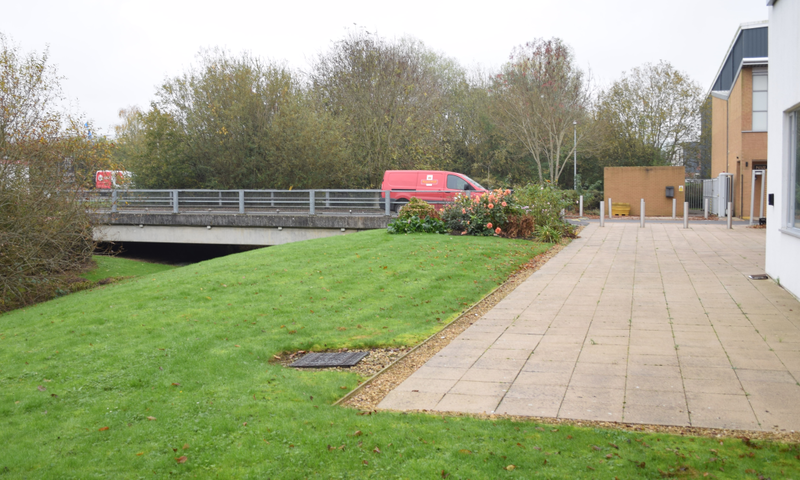A before shot of the building exterior before it was relandscaped