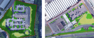 Two aerial images of amenity lawns on a business workspace site